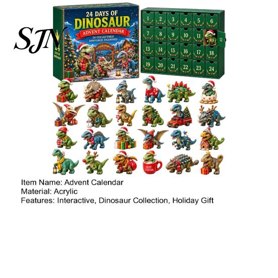 Dinosaur Themed Christmas Decor Advent Calendar, 24Pcs Acrylic Ornament Set with Cute Daily Holiday Anticipation Gift Dino Figures, Countdown Box, for
