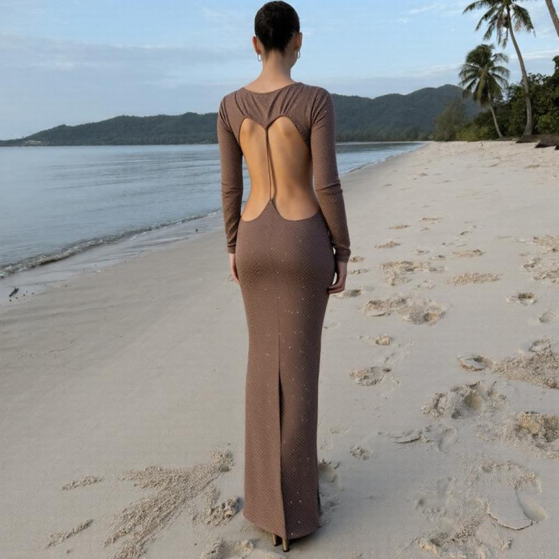 European and American Summer New Fashion Women's Clothing Solid Color Temperament Elegant and Sexy Tight Backless High Waist Dress Women