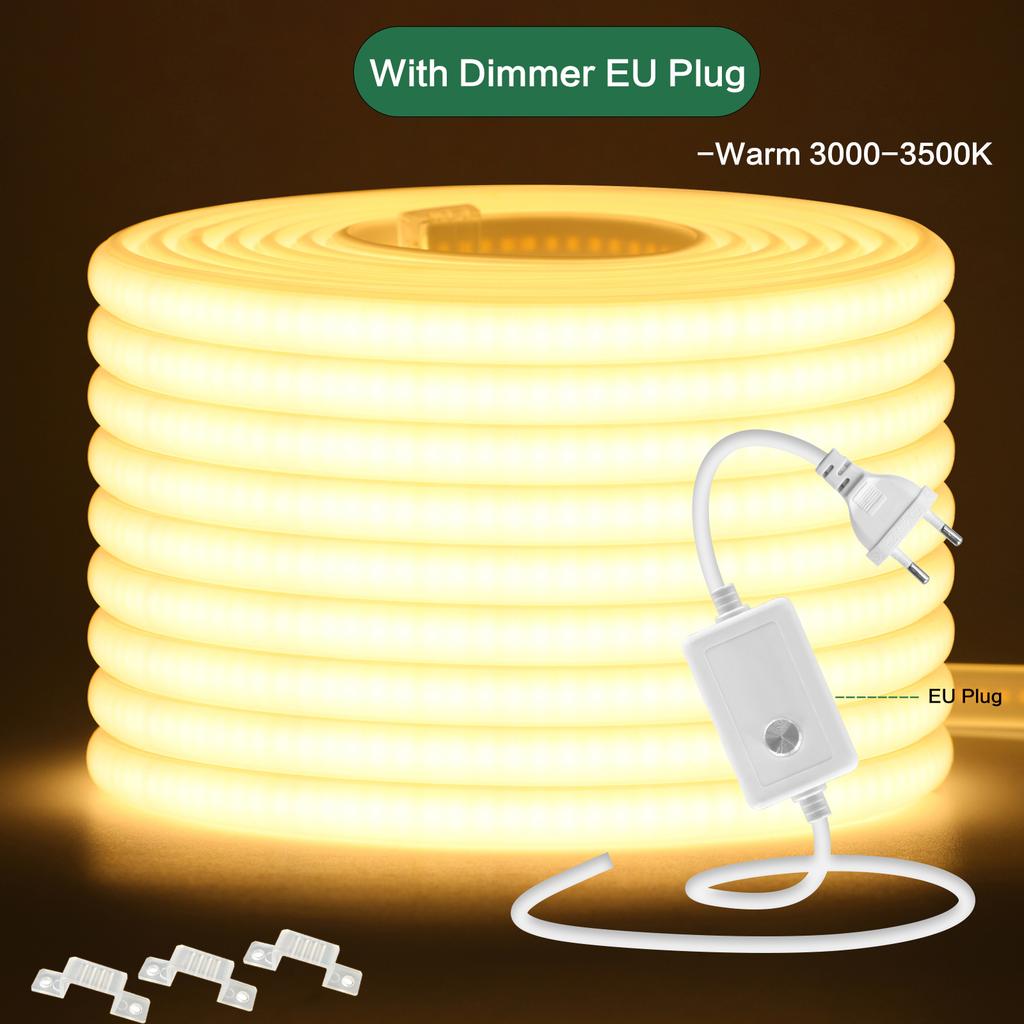 220V Dimmable COB LED Neon Strip Light 288 LEDs/M Waterproof With Switch Dimmer Plug For Garden Home Lighting