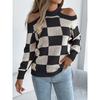 New Autumn and Winter Casual Off-the-shoulder, Color-blocking Checkered Lantern Long-sleeved Sweater Women's Wear