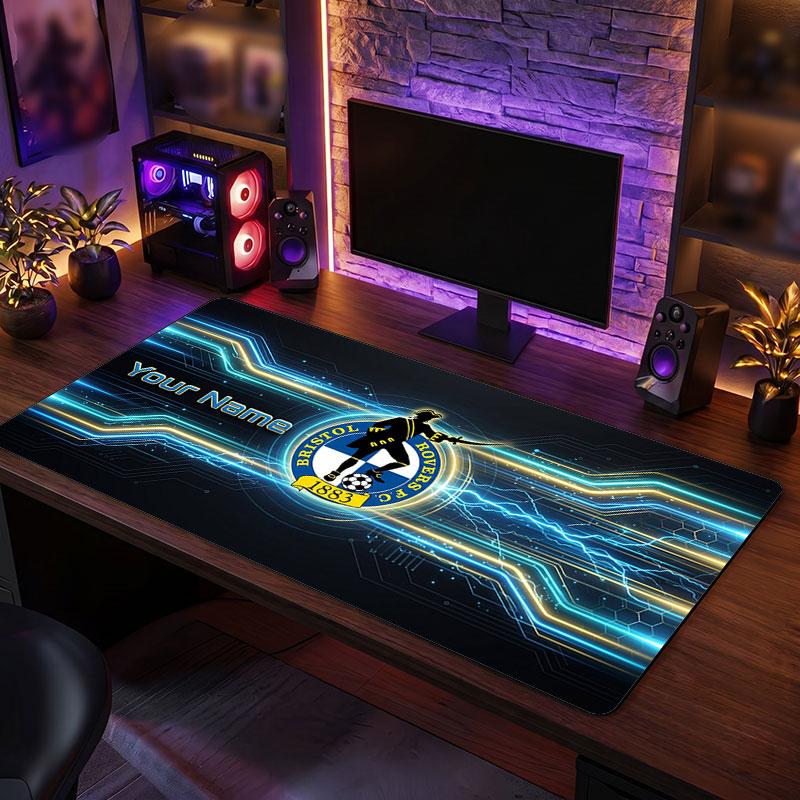 Bristol Rovers Custom Large Mouse Pad, Personalized Name Text Print, Football Logo Non‑Slip Desk Mat Gaming Gift