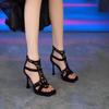 Fashion High Heel Sandals Summer New Square Head Shallow Mouth Sequin Back Zipper Waterproof Platform Non-slip Heel Shoes