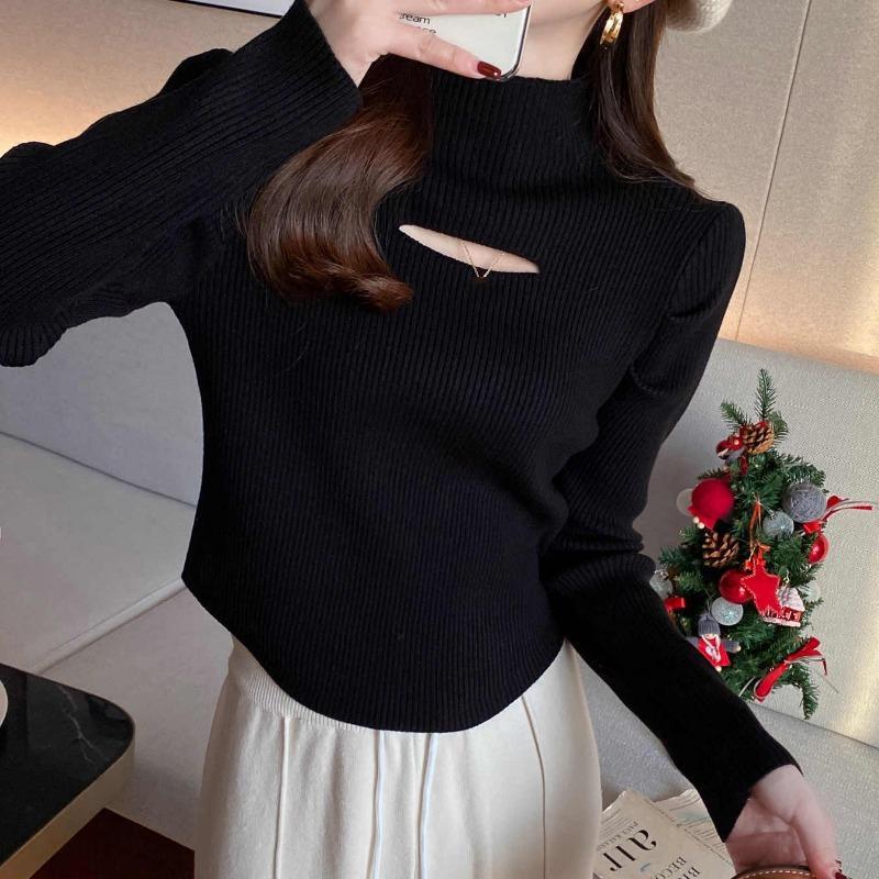 

Модный пуловер с высоким воротником с вырезами на осень и зиму, женский вязаный базовый свитер с длинным рукавом для ношения под одежду, новый тонкий топ, повседневная простая одежда One size чёрный