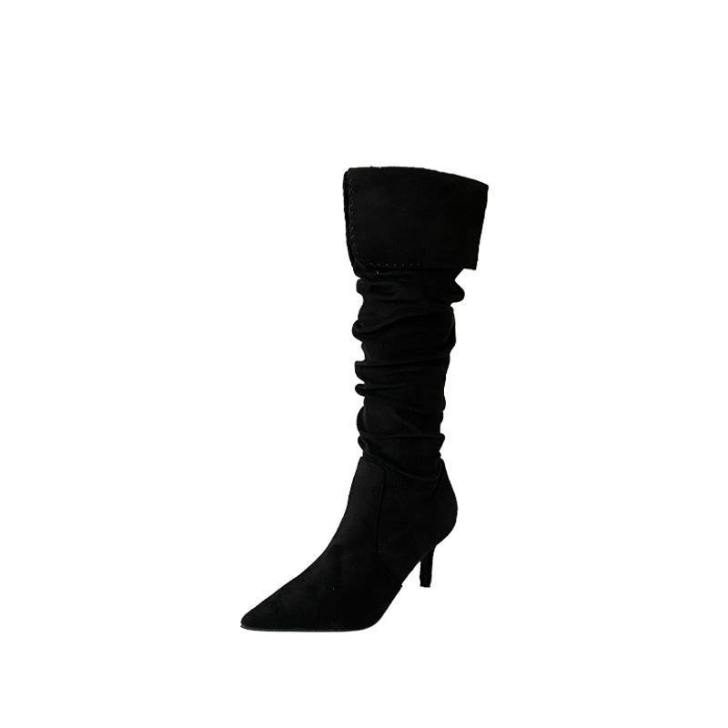 Maillard autumn and winter new French retro pointed head pleated thin heel high boots women's suede but knee long tube