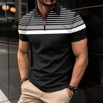 Nouvelle mode hommes décontracté POLO revers zip affaires rayé polyvalent t-shirts hauts