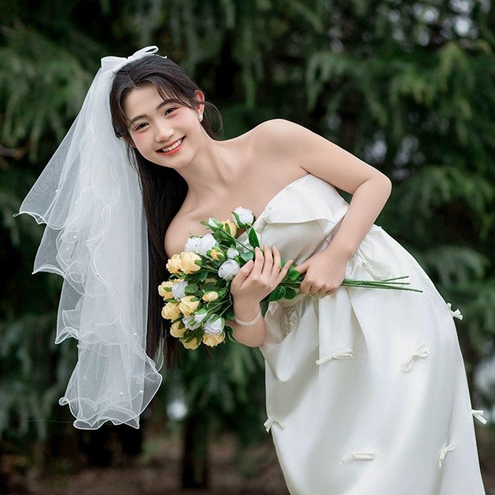 Pearl Bow Ribbon Bridal Veil Four-layer Bride Head Gauze New Wedding Veils  Wedding Accessories