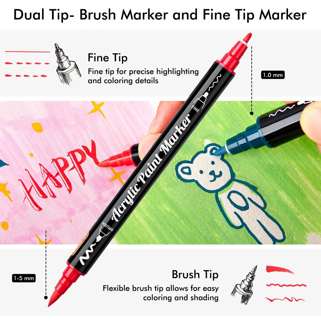 Shuttle Art Acrylic Brush Fine Tip Twin acrylic paint metallic suitable for use on and Perfect for handmade DIY art and as a Markers, & Pen, 36-Color