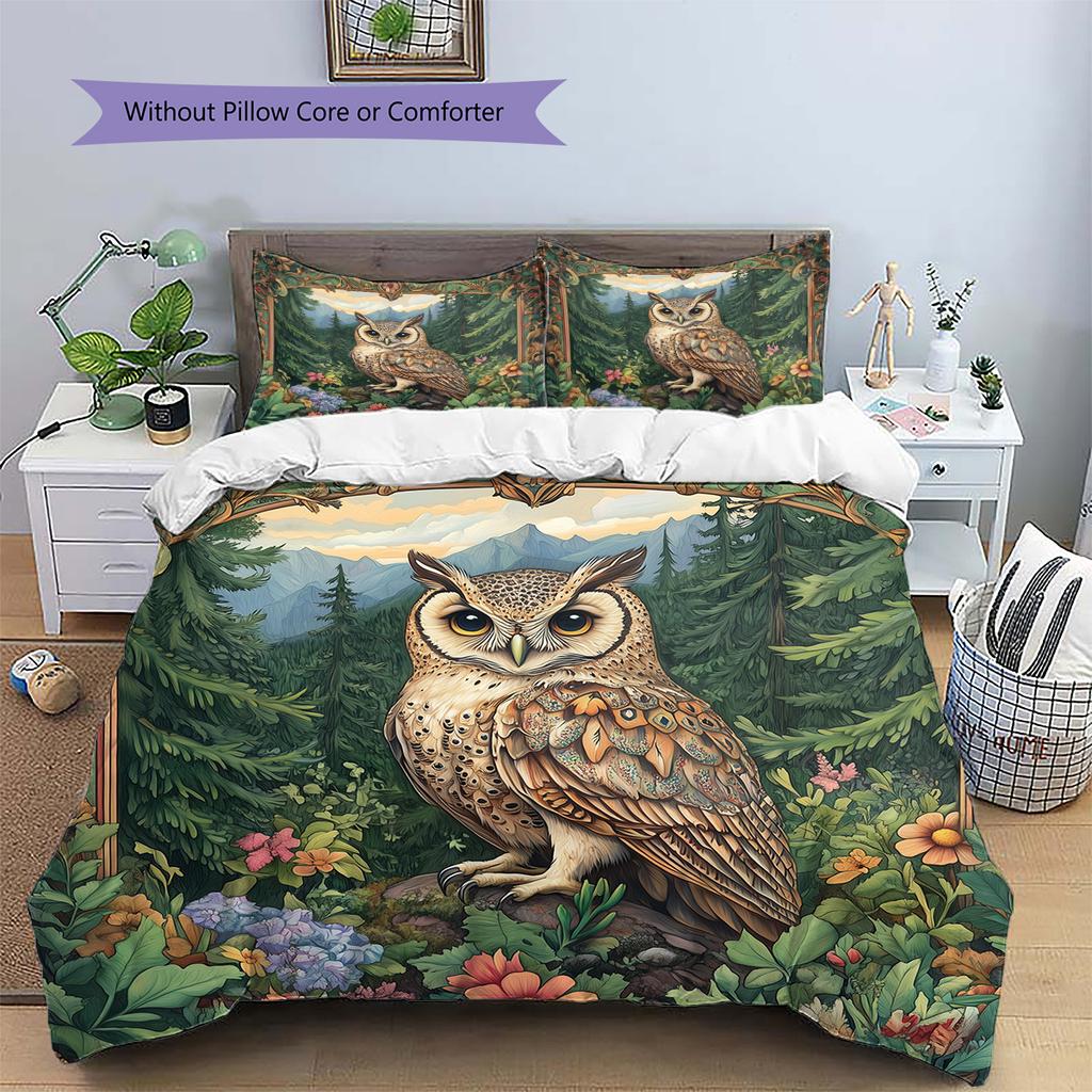 Eule auf Ast Muster Bettwäsche Quilt Set Heimdekoration Geschenk (1 Bettbezug + 2 Kissenbezüge, ohne Füllung)