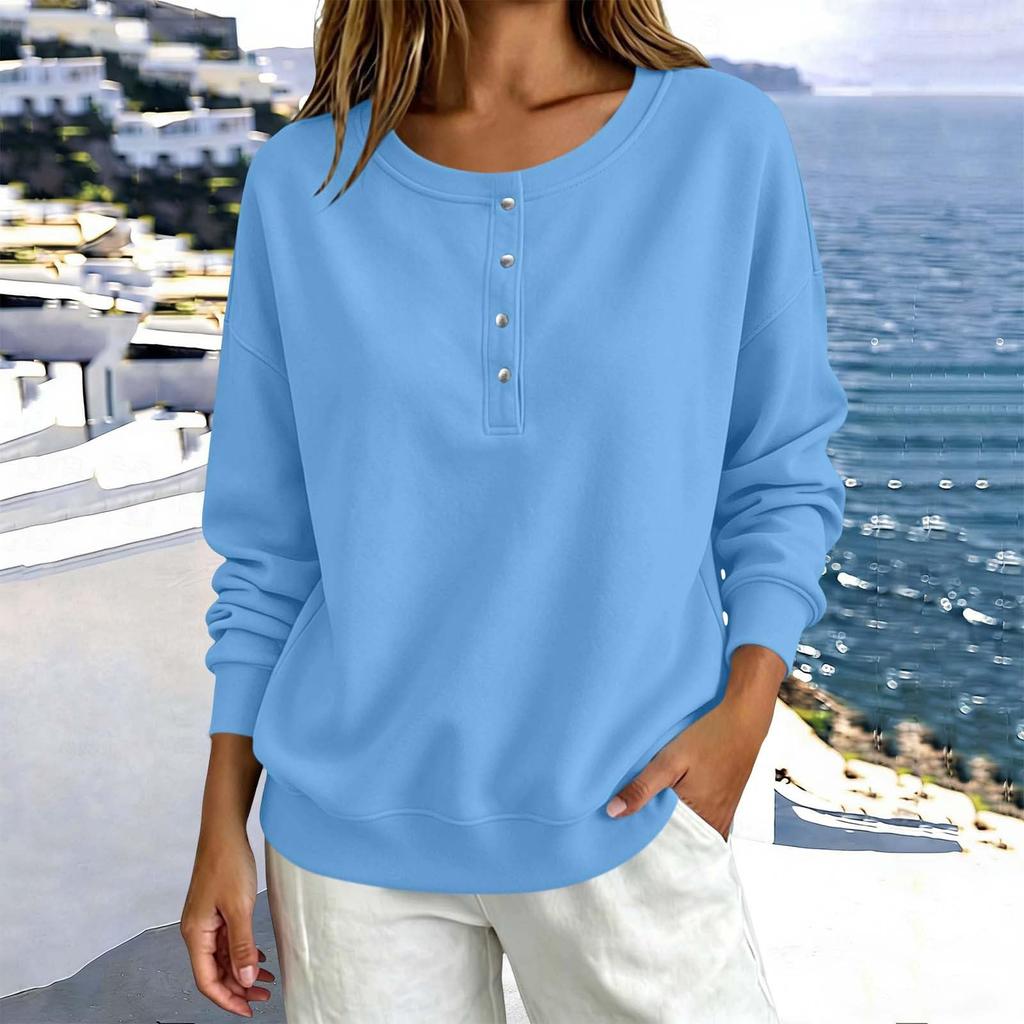 Women's Button Front Neck Pullover Sweatshirt Long Sleeve Color