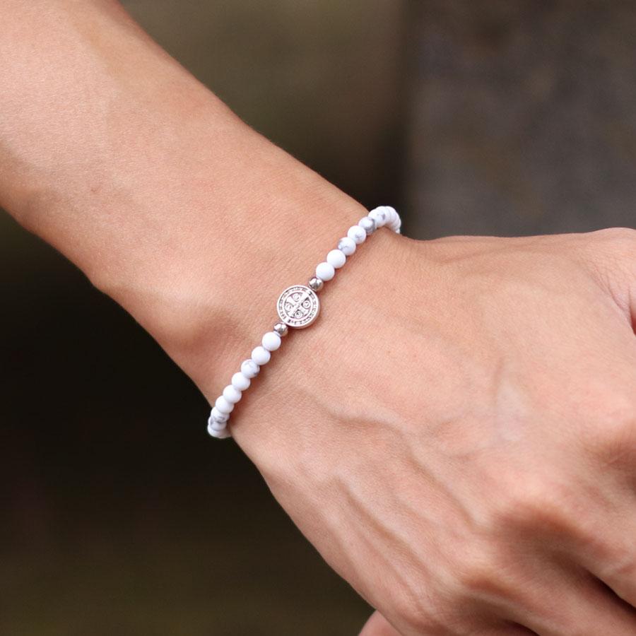 

Крест из нержавеющей стали с натуральным камнем 4 мм, браслет, мужская мода, бисерные украшения, подарки для мужчин и женщин 19.5cm/7.7inch белый