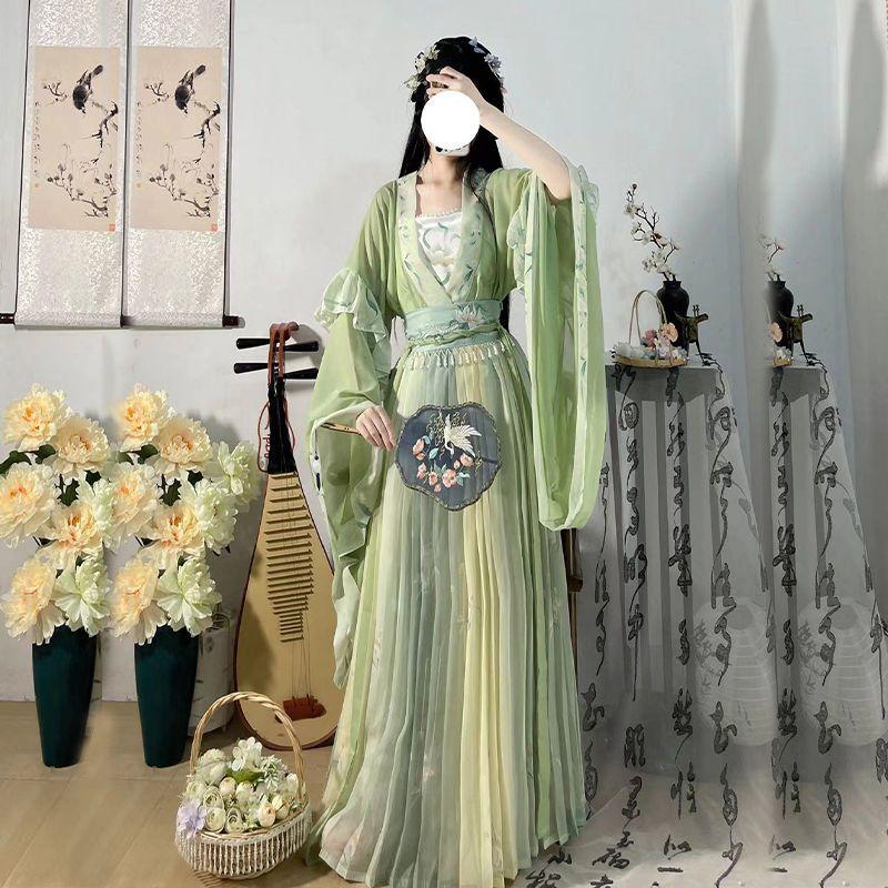 Chinese Wei And Jin Dynasties Style Hanfu Female Fairy Embroidery Full Set With Waist-length Sleeves