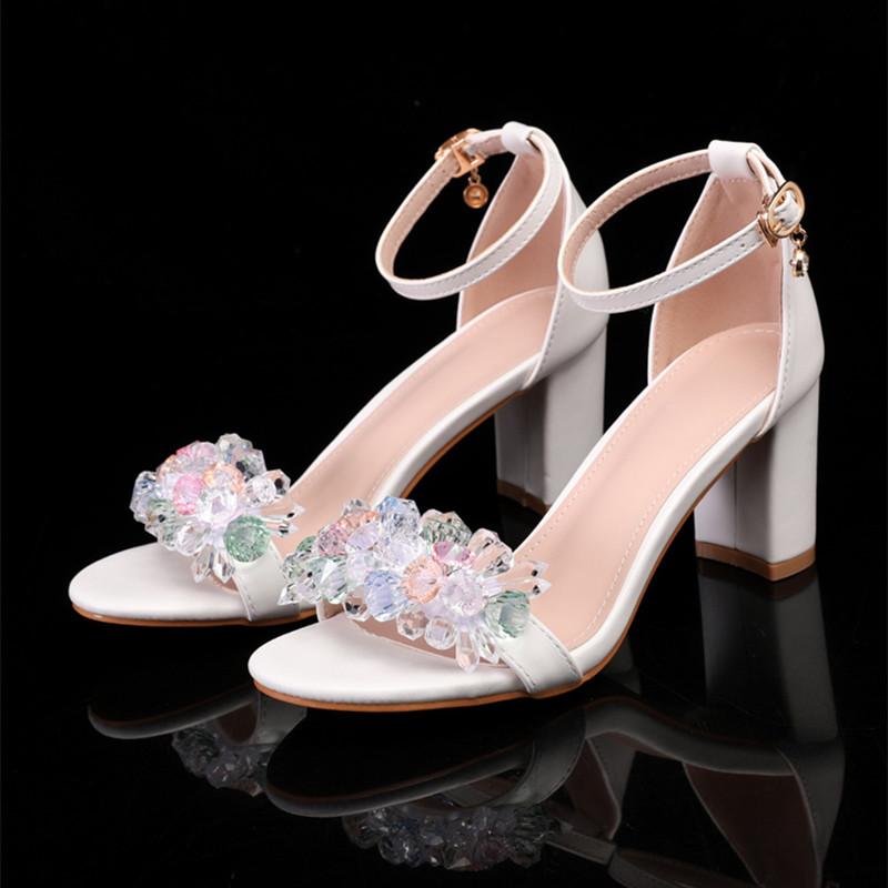 Summer Crystal Flowers Decoration Women Gladiator Sandals Big size 35-43 Comfortable Thick High heels Sweet Party Shoes