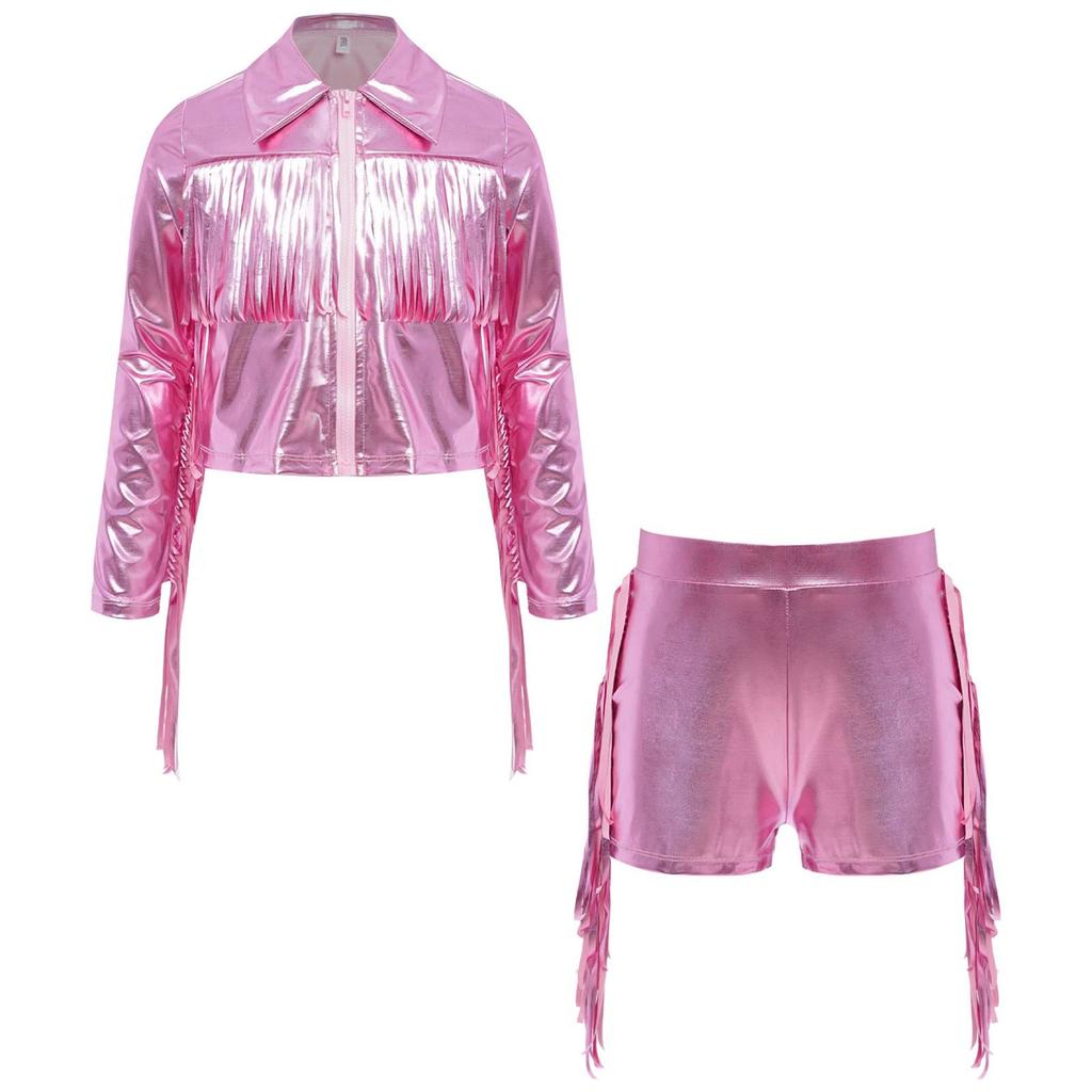 Mädchen Tanzjacke Quasten Fransen Metallic Top Umlegekragen Langarm Reißverschluss Glänzende Jacke Shorts