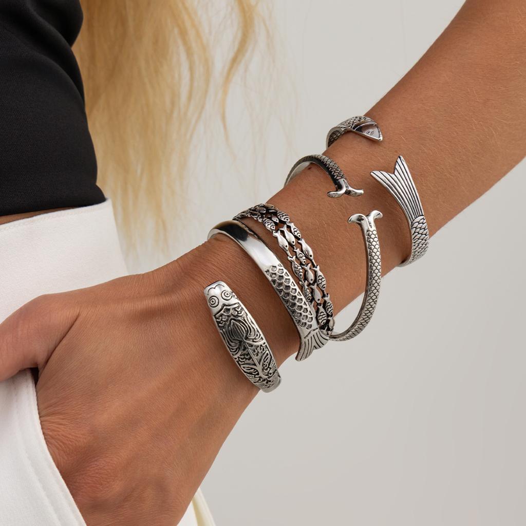 KunJoe 4 Styles Vintage Creative Lucky Fortune Fish Open Adjustable Bracelet Women HipHop Punk Silver Color Metal Bangle Jewelry