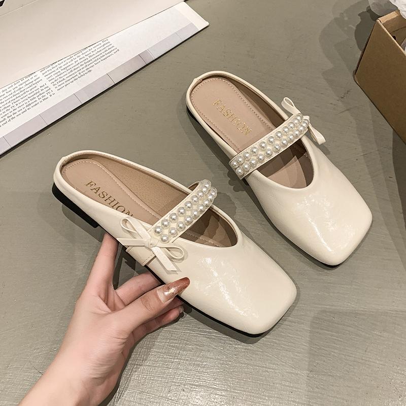 Fashion Baotou Semi-slippers Women Spring and Summer Wear New Square Toe Shallow Mouth Pearl Bow Soft Bottom Non-slip Cool Mop