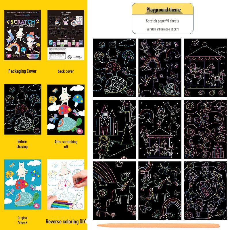 Conjunto Colorido de Arte Scratch: Livro de Rabiscos e Desenhos DIY de Desenho Animado para Crianças