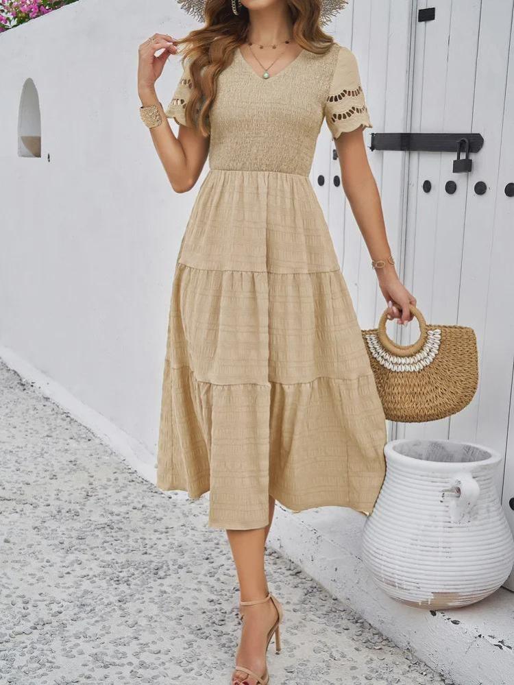 2024 Women Summer V Neck Short Sleeve Solid Color Dress European American Style Diyun Spring Fashion