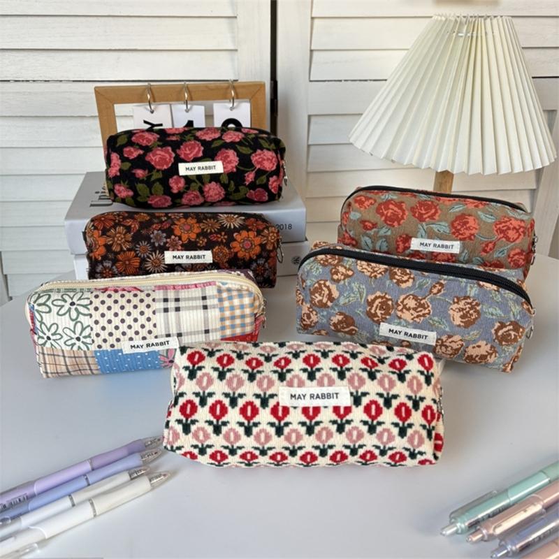 Corduroy Pencil Pouch With Spacious Compartment Student Organizer Washable Cosmetic Bag For Daily Use