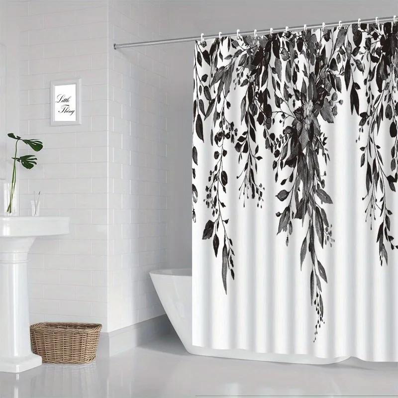 1 Piece Small Fresh Eucalyptus Leaves Digitally Printed Bathroom Shower Curtain Set Perforated Strap Hook Easy To Clean