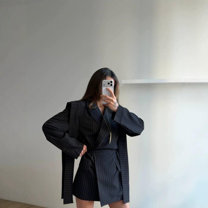 Womens Long Sleeve Striped Blazer Coat 2026 Fall Loose Fit Belted Wide Shoulder Office Chic Outwear