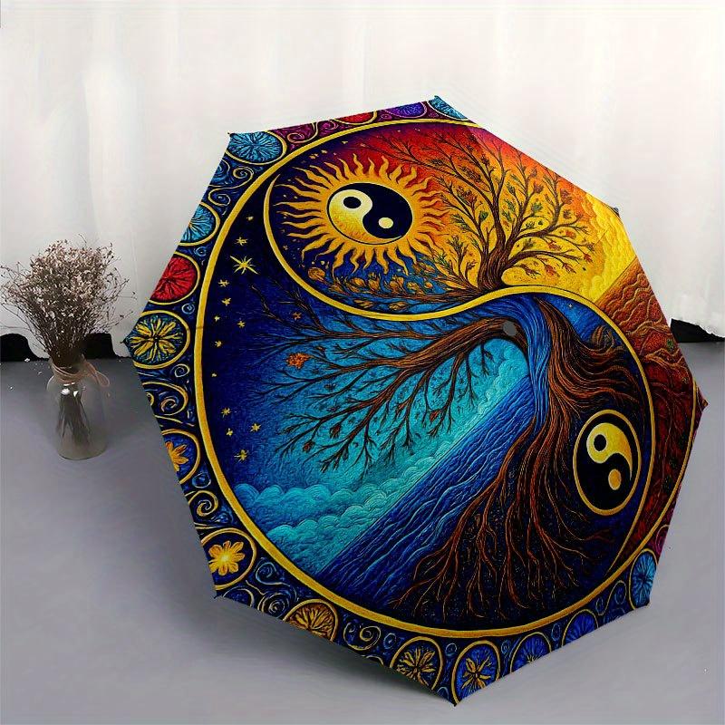 Yin Yang Tree of Life Wall Art Decor Umbrella, Portable 3-Fold Compact Umbrella for Men & Women R160