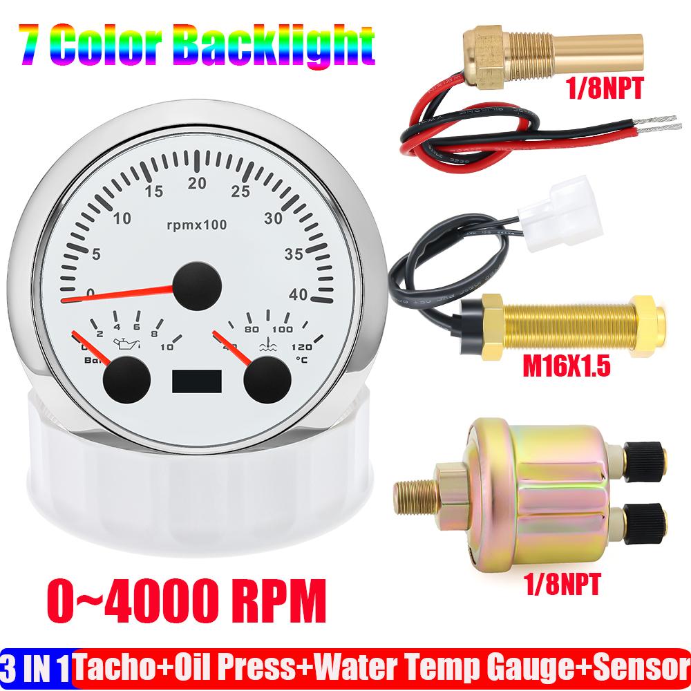 ZMFJH 3000~8000RPM 85MM Tachometer+Oil Pressure+Water Temp Gauge with Sensor 7 Color Light MultiMeter 0~10Bar for Car Boat 9-32V