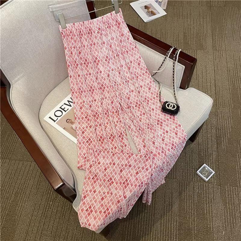 

Мятые Прохладные Женские Летние Новые Эластичные Брюки с Высокой Посадкой, Принтованные, Модные, Свободные, Прямые S розовый