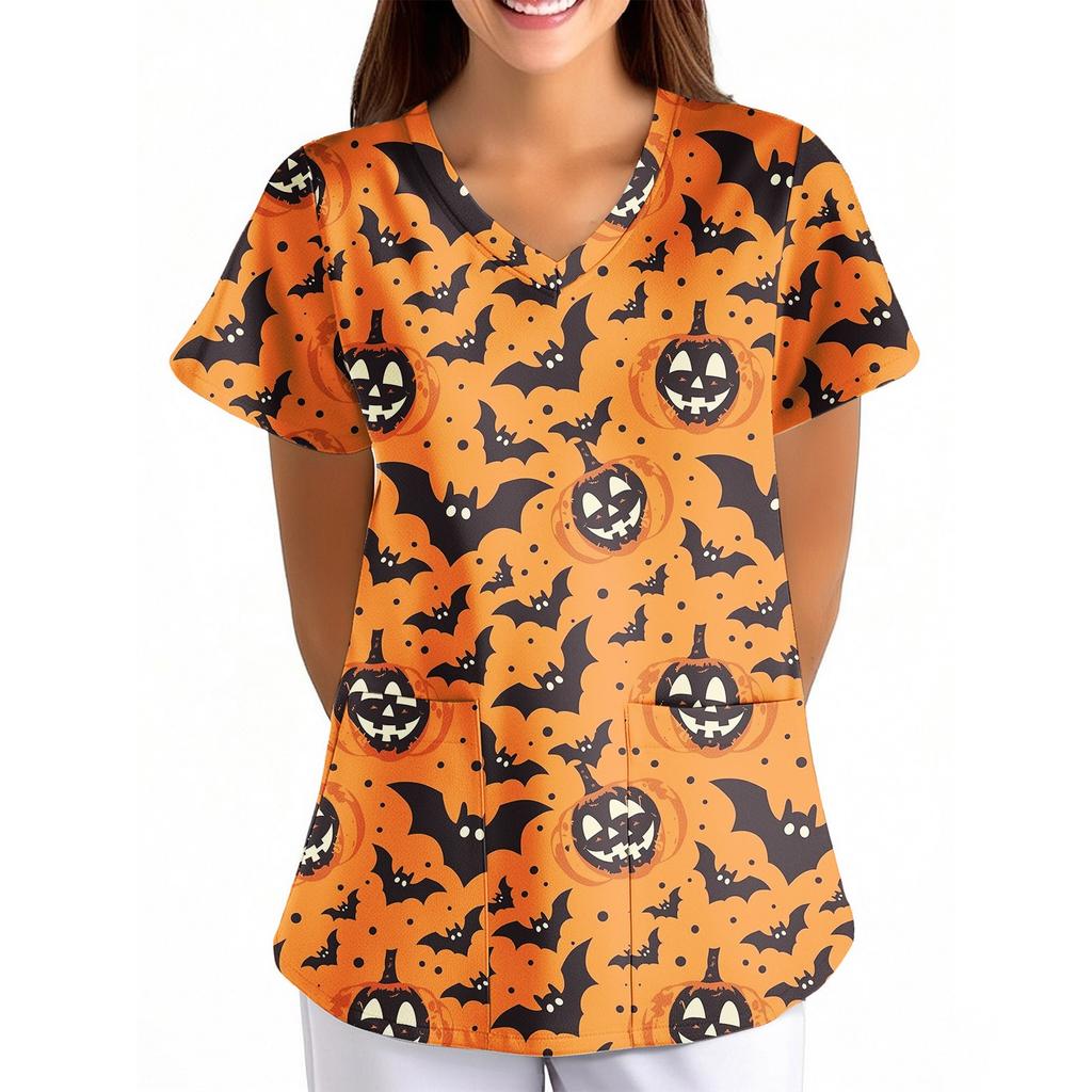Women's Halloween Printed Loose V-Neck Pocket Short SleevUniform Uniform