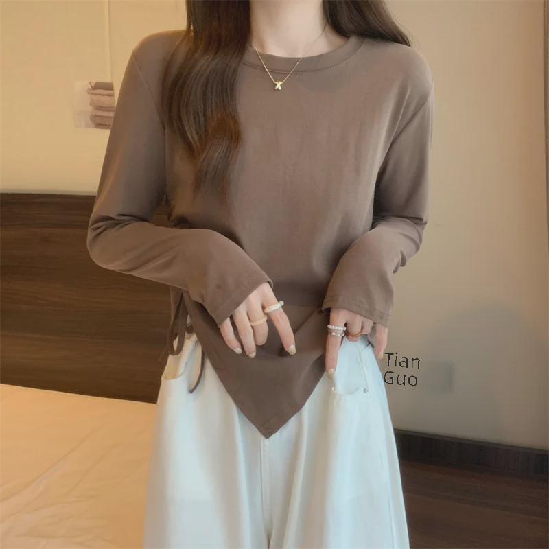 Camiseta coreana de manga larga para mujer Primavera 2025: Ajuste ceñido, Diseño irregular, Cordones