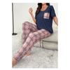 Damen Lässiges Kariertes Taschen-Kurzarm-Langhosen-Pyjama-Set Loungewear