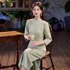 1011 Autumn New Cheongsam New Chinese Green Young Nine-quarter Sleeve Cheongsam Waist Stand-up Collar Low Split Cheongsam