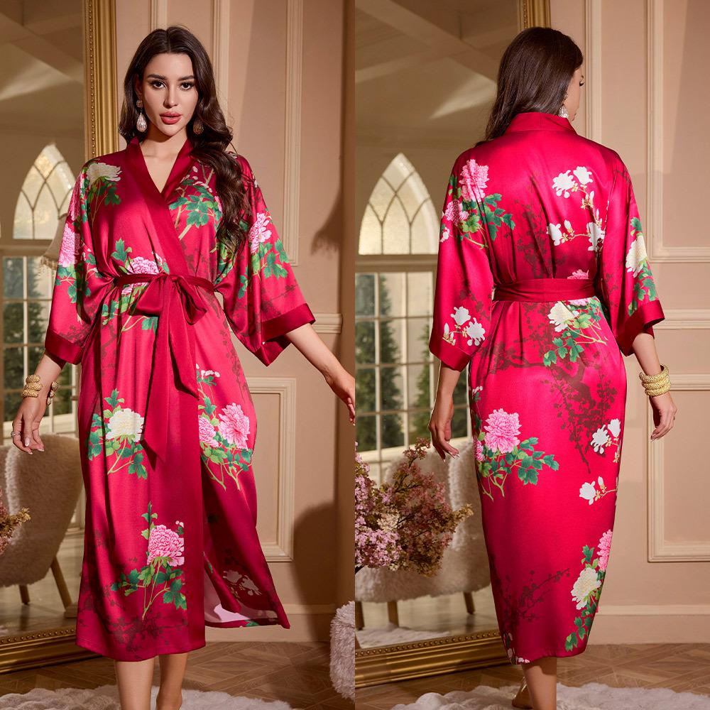 Female Long Robe Loungewear Elegant Chinese Style Kimono Bathrobe Gown Negligee New Silky Satin Sleepwear Nightgown Loose Pajama