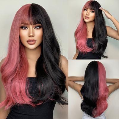 Black and Pink Long Wavy Wigs Women Cosplay Lolita Synthetic Hair Wig with Bangs Two Tone Curly Wig Heat Resistant for Party Use