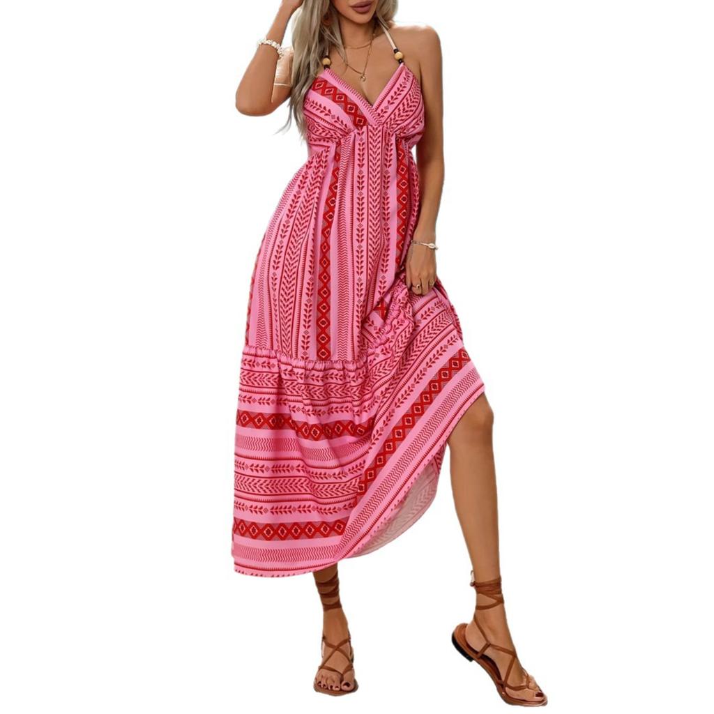 Women's Bohemian ethnic style print halter suspender beach dress vacation casual European and American dress