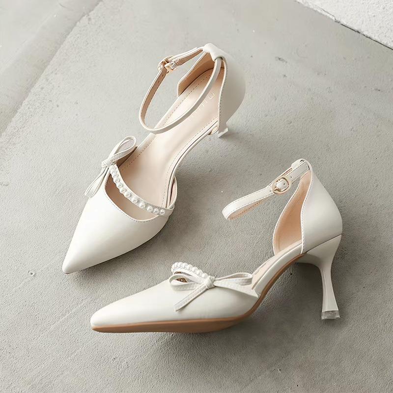 French bow bag head sandals women's summer new one-word with hollow high heels women's thin heel pointed single shoes