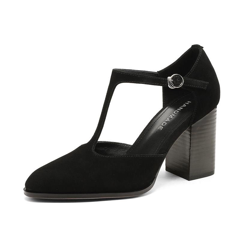 Krazing Pot Sheepskin Suede Round Toe Size 41 Thick High Heels Buckle Office Lady Gladiator Autumn Pumps