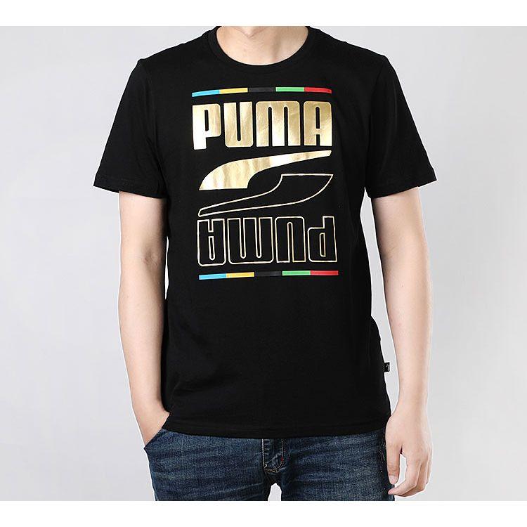 Puma Gold Foil Logo Print Short Sleeve T-Shirt Men Tops Black 586589-01