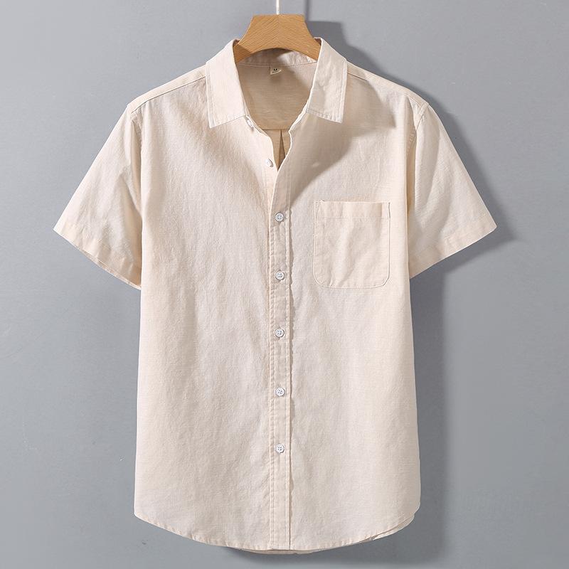 

Summer Men s Short Sleeve Shirts Solid Color Stand Collar Oversize T Shirts Breathable Loose Youth Basic Cotton Pocket Shirts XS бежевий