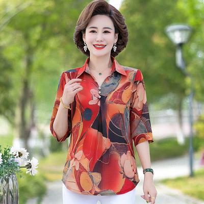 Camicia casual con colletto alto e stampa, comoda e ampia, per donne di mezza età e anziane