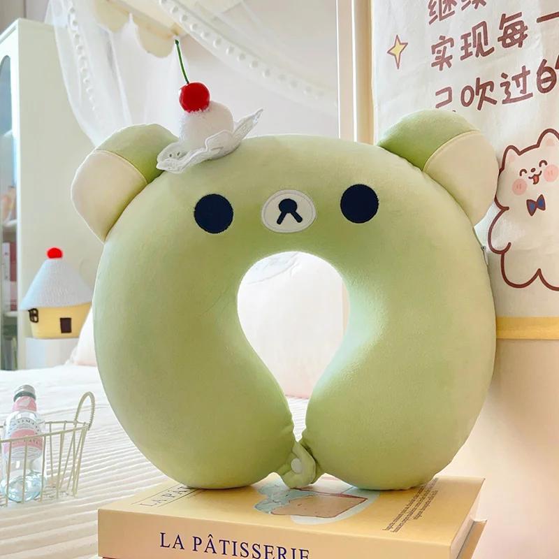 Cute Rilakkuma U Shaped Travel Pillow Memory Foam Filling Neck Support Cushion Bear Neck Pillow for Airplane Car Offi Washable 30x35cm