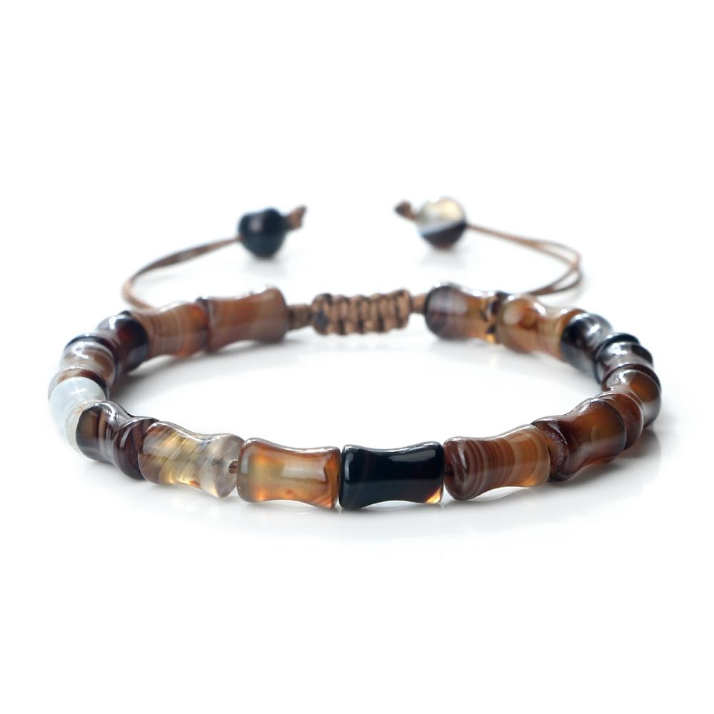 

Boho Natural Agate Stone Braided Bracelet Bamboo Shaped Beads Bangle Adjustable Knot Handmade Fashion Jewelry for Men Women Gift