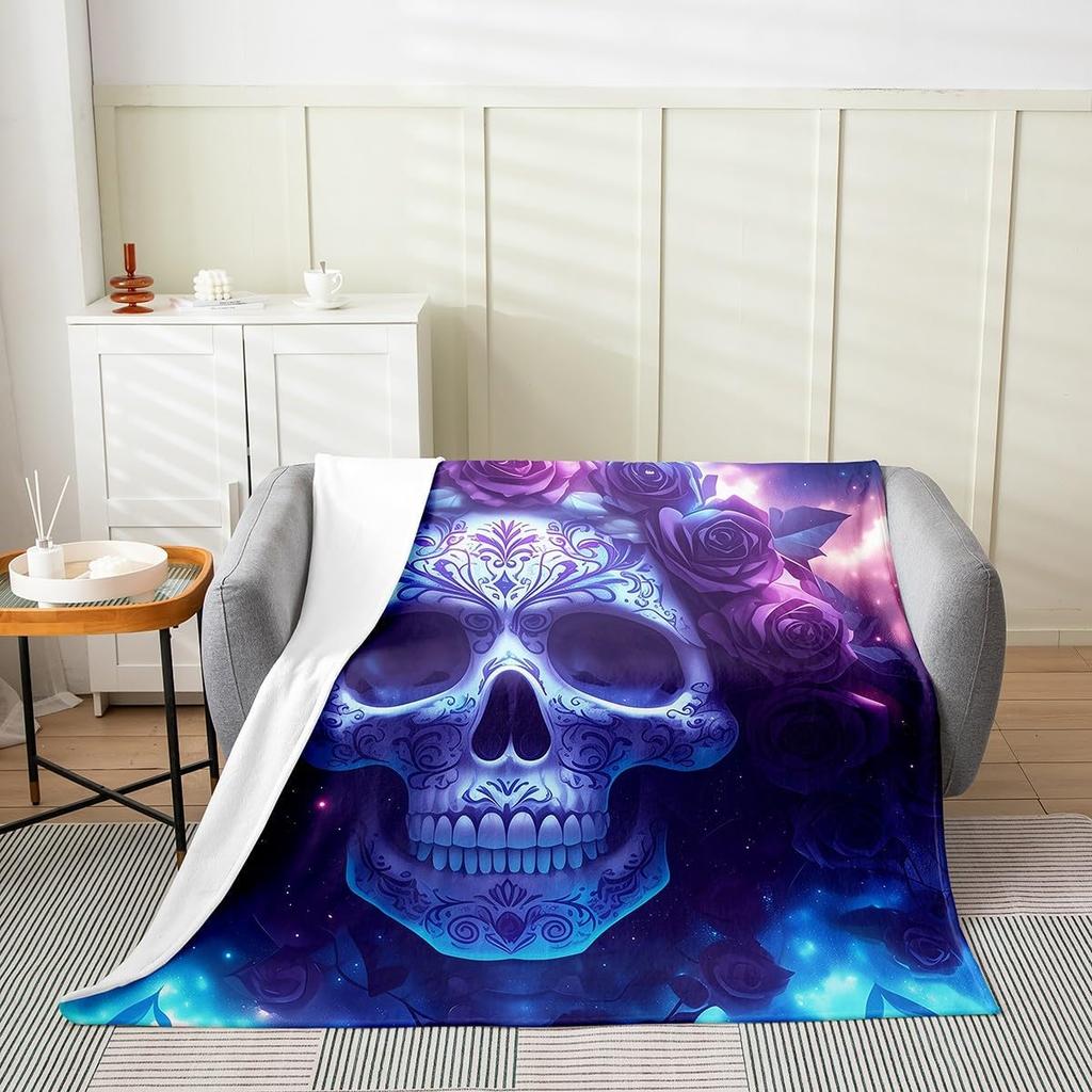 Erosebridal Sugar Skull Throw Blanket Romantic Rose Floral Fleece Blanket Queen Mysterious Starry Sky Blanket Exotic Skeleton