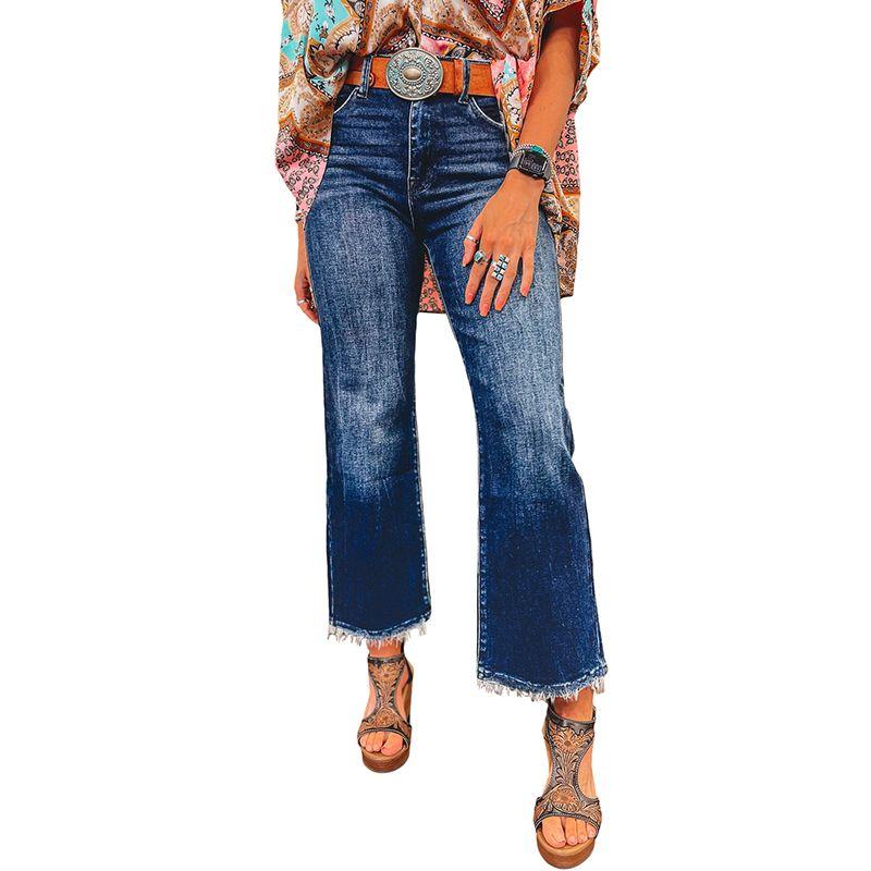 

European and American Personalized Washed Frayed Hem Jeans Women 2025 Autumn New Retro All-Match High Waist Cropped Pants Women Dark Blue 6