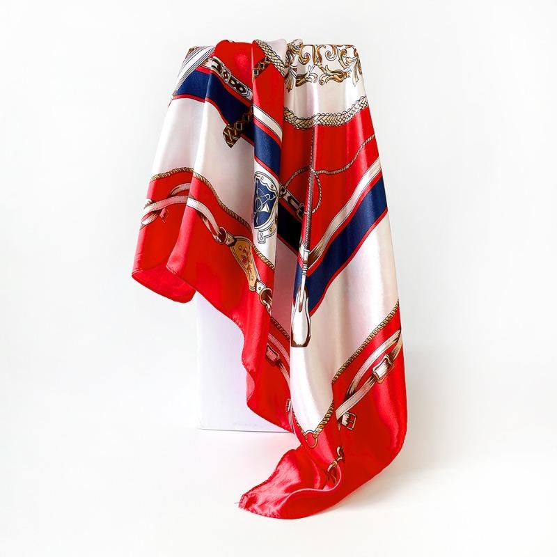 Versatile chain 90cm silk scarf square scarf high-end women's shawl retro printing satin bag headscarf