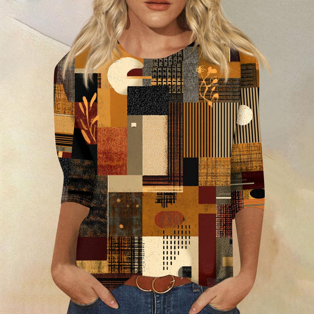 Women's Fashion Casual Round Neck Three-quarter Sleeve Retro Floral Print T-shirt Top