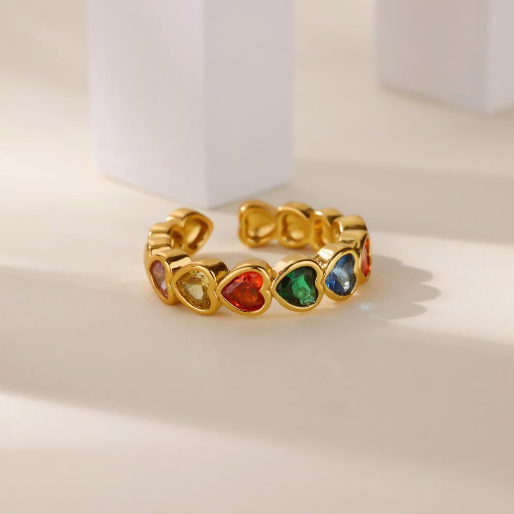 Colored Crystal Zircon Heart Rings For Women Girls  Opening Gold Color Heart Ring Party Wedding Jewelry Gift Bijoux Femmes