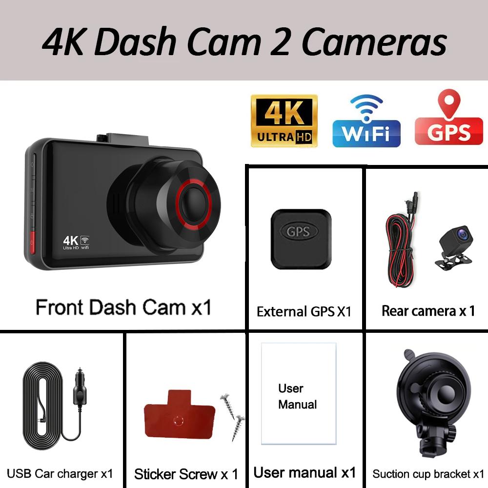 4K Car Dvr Video Recorder GPS Wifi Front and Rear Camera DashCam for Cars for Vehicle Rear View Camera Parking Monitor Black Box