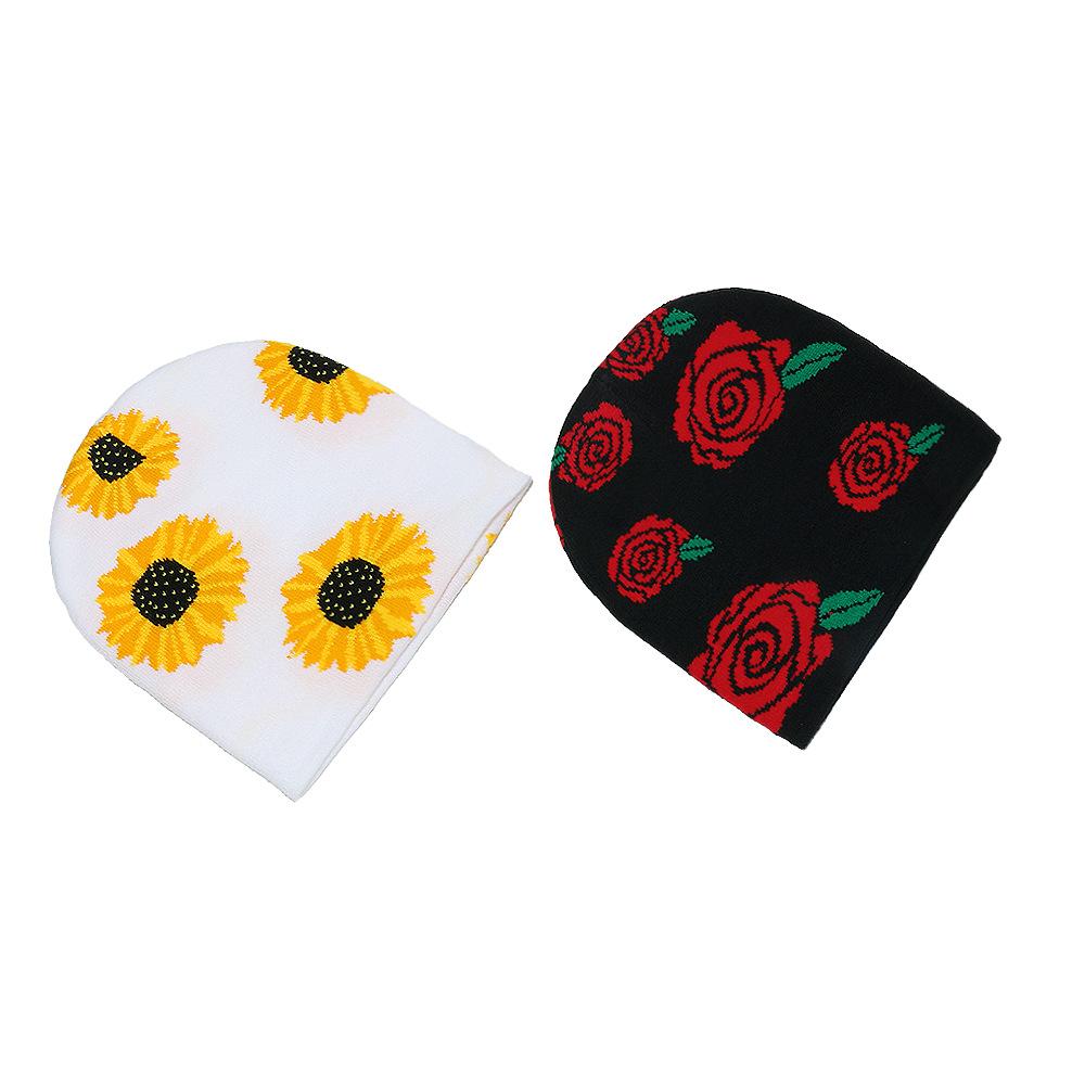 Beanie autumn and winter wool hat rose sunflower flower jacquard knitted hat pullover hat women