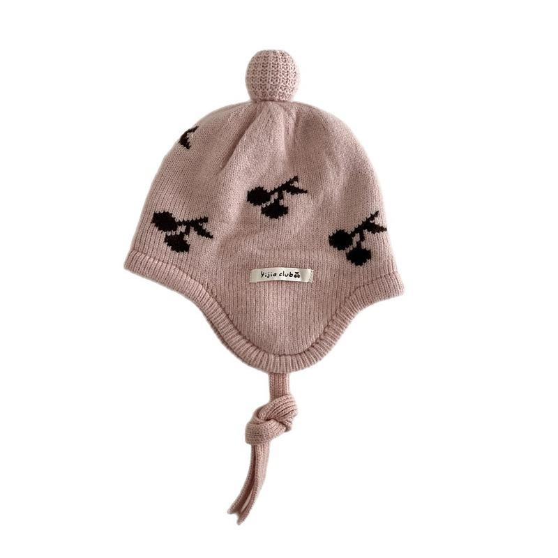Baby Knitted Hat Winter Warm Knitted Beanie with Cherry Pattern Ear Flap Cap for Infant Boys Girls Newborn Photography Props