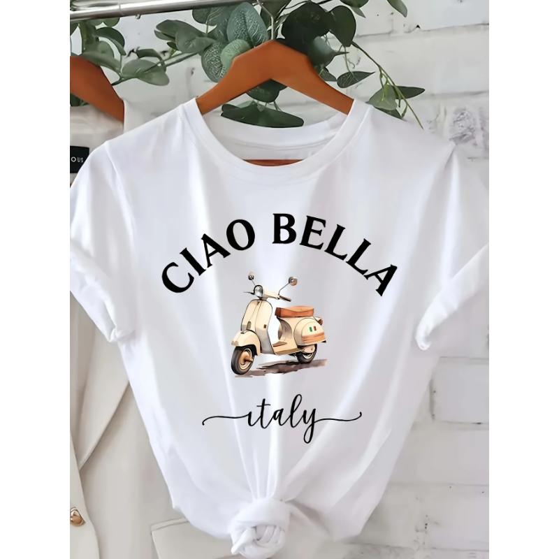 Ciao Bella Dámské tričko s kulatým výstřihem - Ležérní s krátkým rukávem s potiskem písmen, směs polyesteru, jarní a letní top, italská citronová